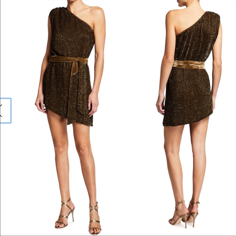 Retrofete Elle Mini Sequin Dress Olive Green Size Medium One Shoulder